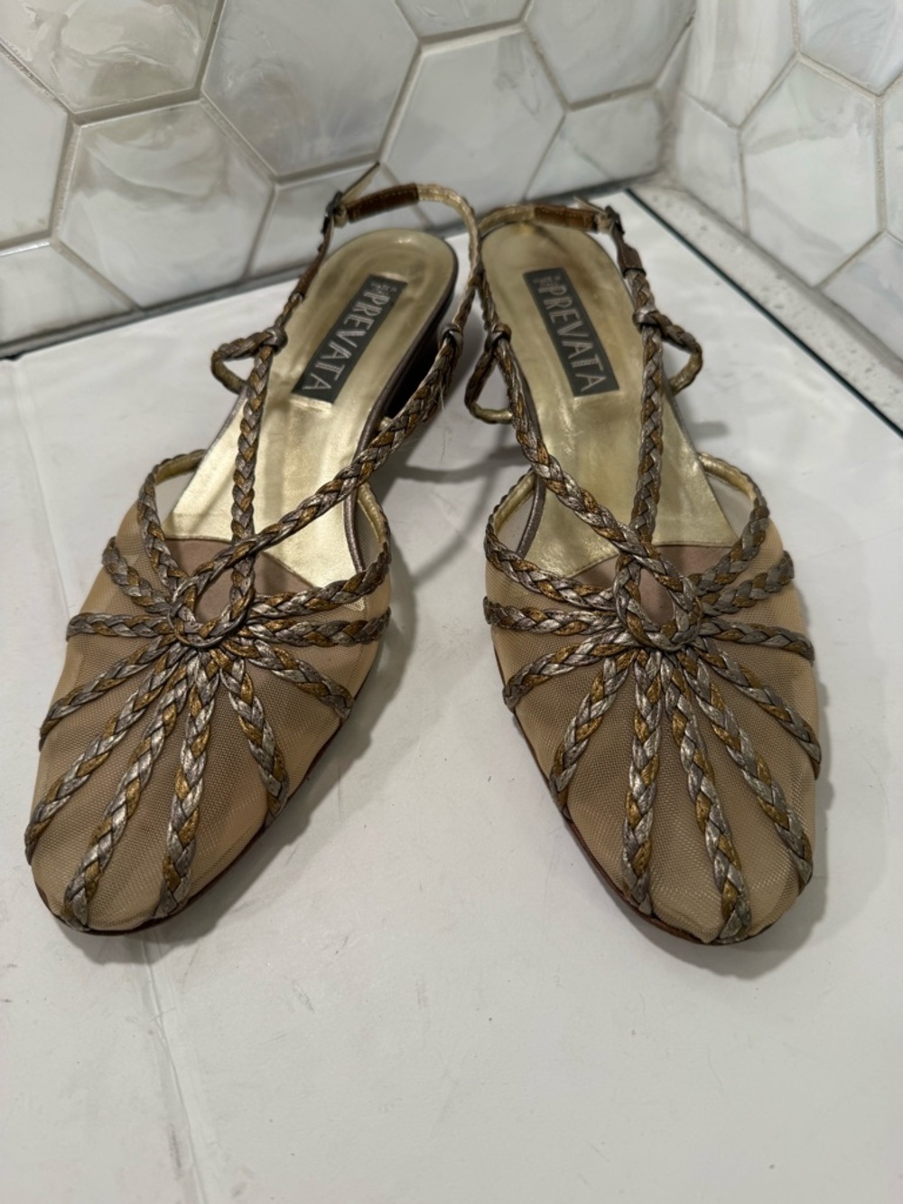Prevata Vintage Metallic Braided Leather & Mesh Wedge Sandals Sz 9.5 Italy